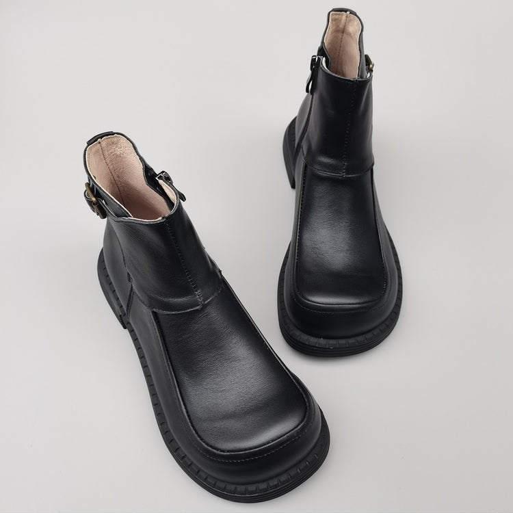 Women's Vintage Wide Toe Derby Boots – Handmade Leather Zipper Short Boots