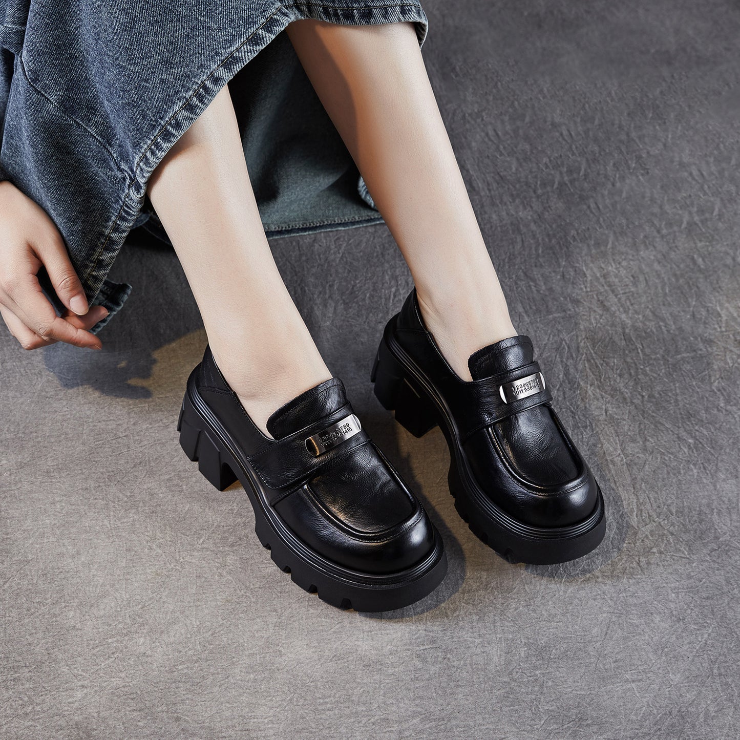 Women’s Leather Platform Block Heel Loafers – Vintage Metal Detail
