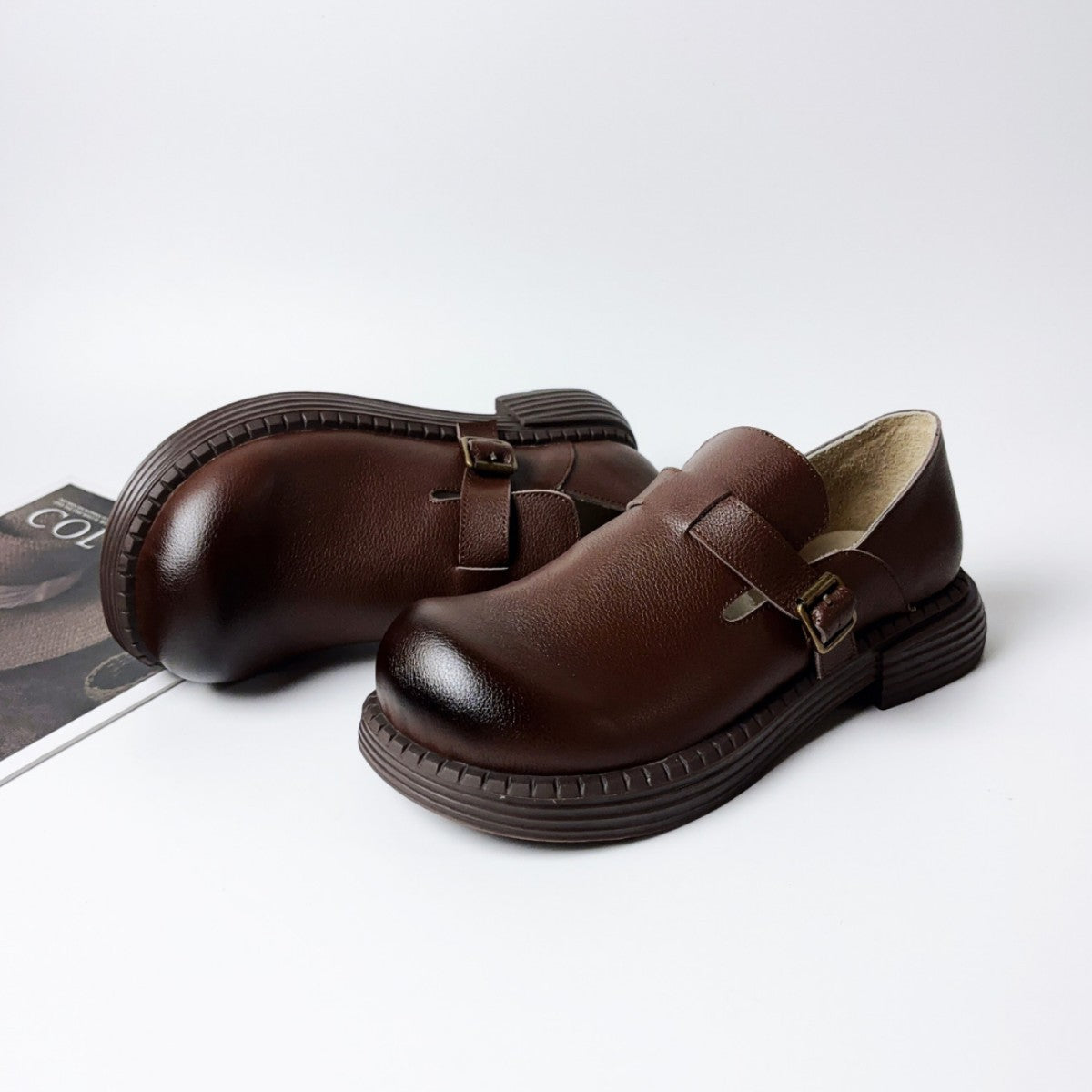 Women's Retro Top-Grain Leather Loafers Slip On Buckle Strap Casual Shoes