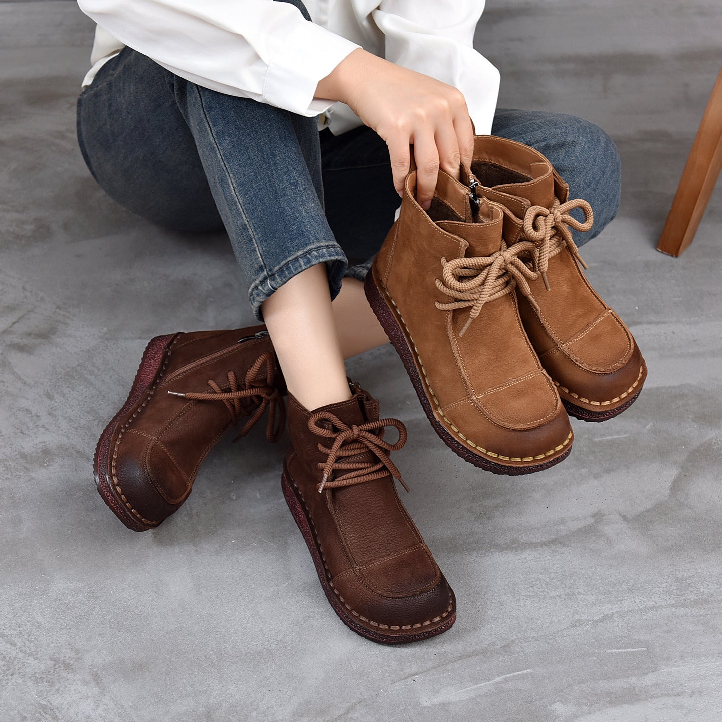 Women's Vintage Leather Ankle Boots – Soft Flat Lace-Up Zipper Short Shoes