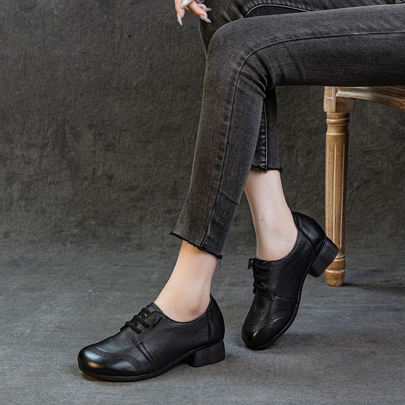 Women's Leather Low Block Heel Lace-Up Casual Shoes