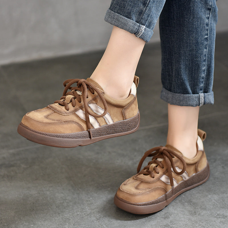 Women’s Genuine Leather Lace-Up Flat Shoes – Comfortable Casual Everyday Sneakers