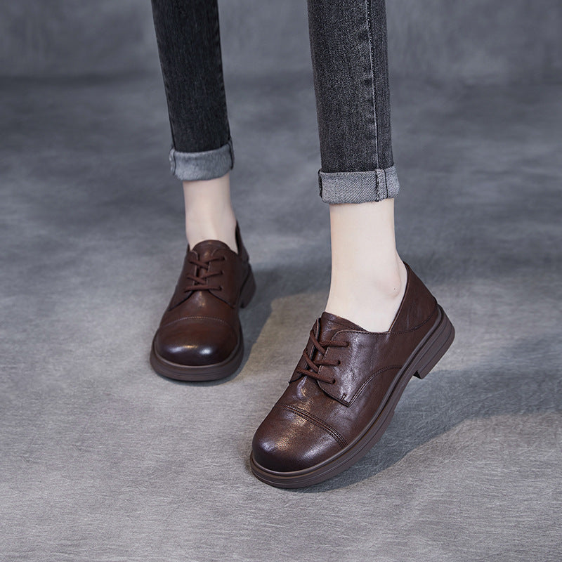 Women's Comfortable Vintage Leather Lace-Up Round-Toe Everyday Shoes