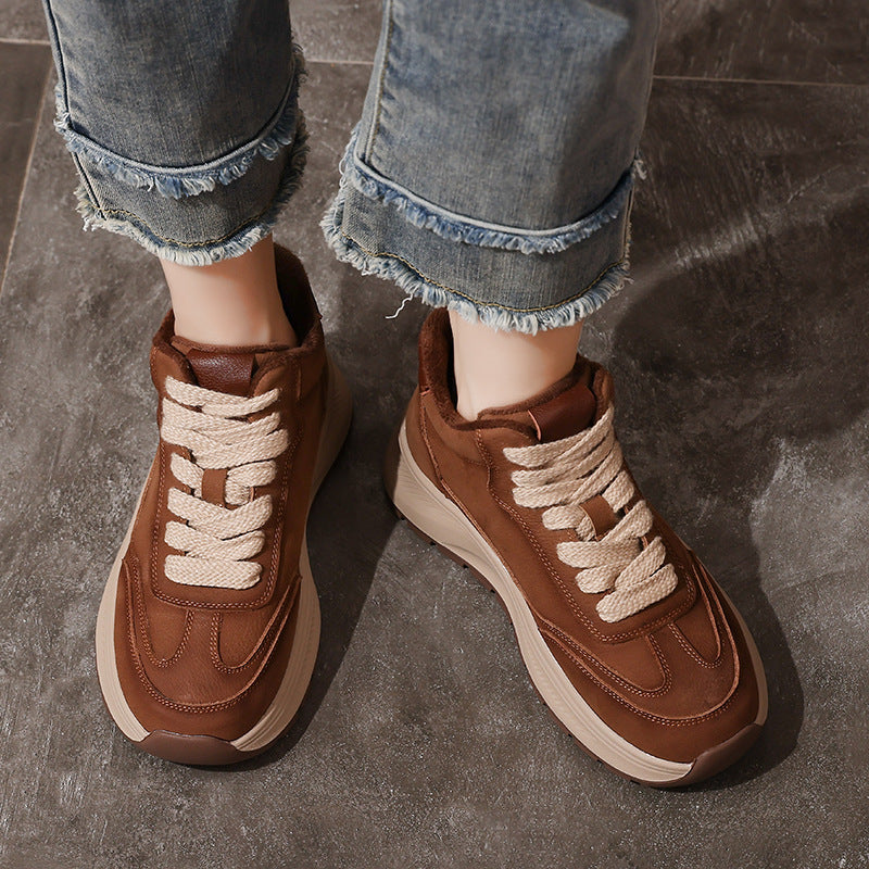 Women's Retro High-Top Leather Sneakers – Chunky Sole Casual Platform Shoes