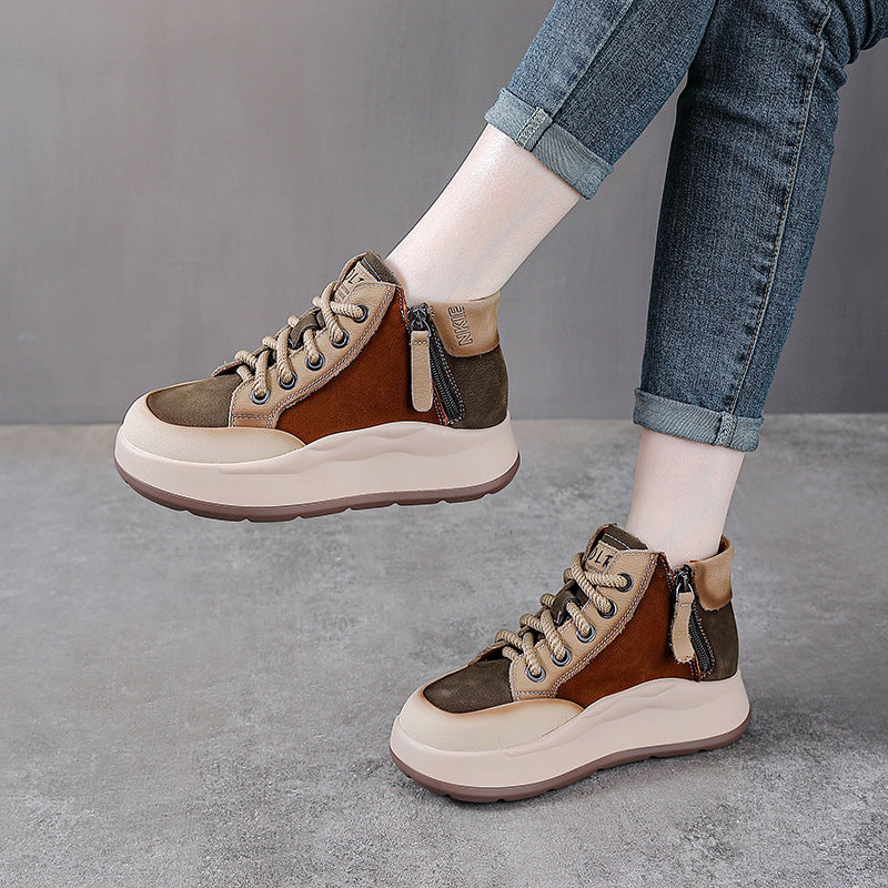 Women’s Leather Colour-Block High-Top Platform Boots – Side Zip Casual Shoes