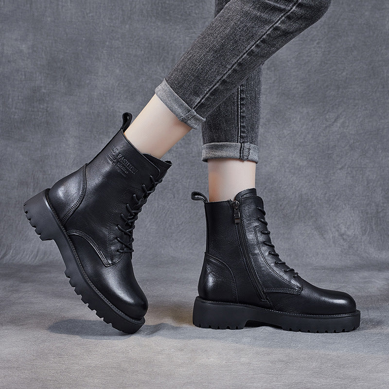 Women's Genuine Leather Casual Combat Boots with Side Zipper Closure