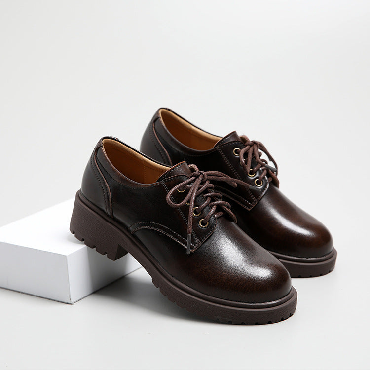 Women's Leather Classic Vintage Lace Up Oxford Low Block Heel Shoes