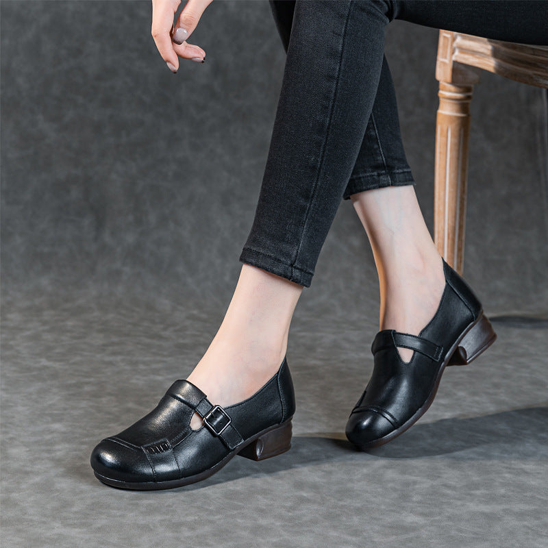 Women's Leather Casual Buckle Up Slip On Low Heeled Loafers