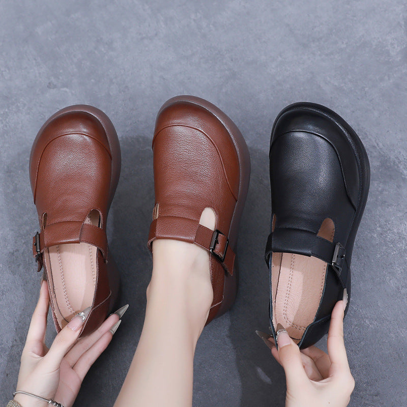 Women's Leather Chunky Round Toe Platform Shoes - Ergonomic Wedge T-Strap Mary Janes