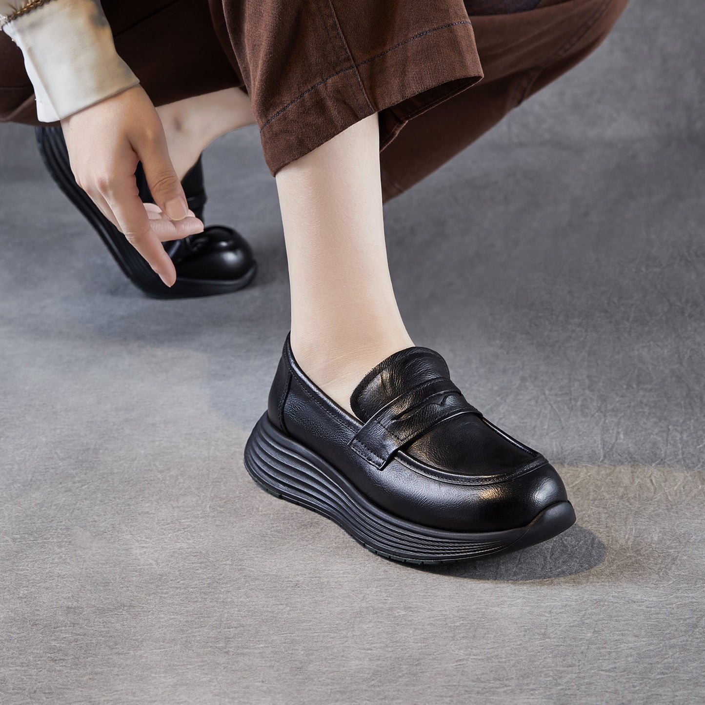 Women’s Leather Slip-On Loafers – Vintage Low Wedge Comfort Shoes