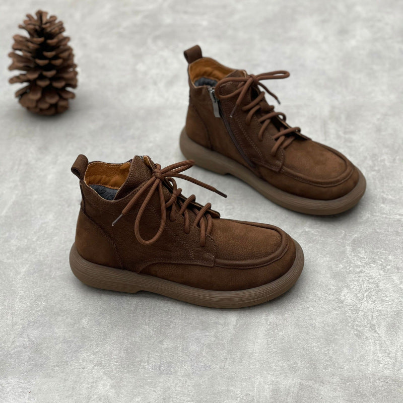 Women's Vintage Leather Lace-Up Zipper Ankle Boots – Flat Casual Comfort