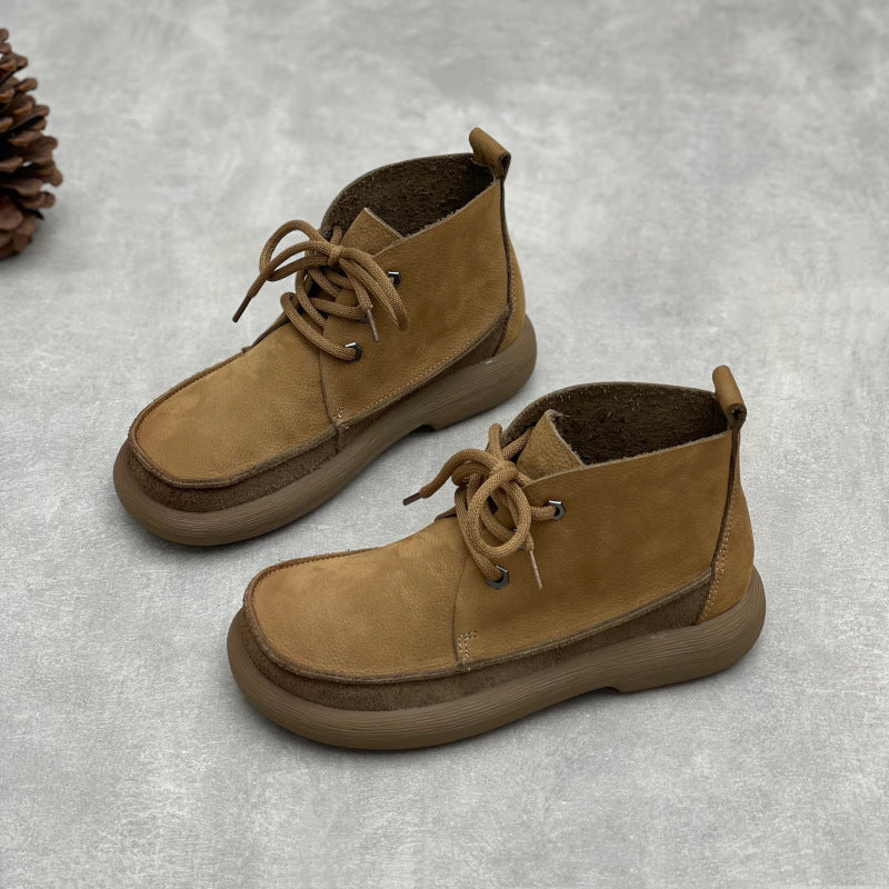 Women's Retro Leather Patchwork Boots – Lace-Up Soft Short Ankle Shoes