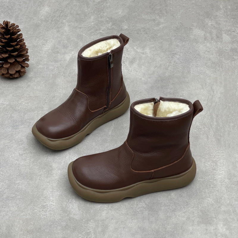 Fur Lined Leather Winter Boots for Women – Side Zip Short Ankle Design