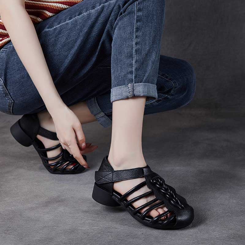 Breathable Leather Summer Sandals for Women - Round Toe Flat Walking Shoes with Velcro Strap