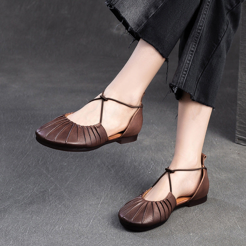 Women's Pleated Cowhide Flats - Wide-Toe Closed-Toe Sandals - Elastic Cross-Strap