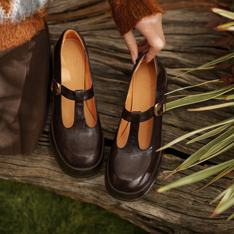 Handmade Sheepskin Mary Janes - Women's T-Strap Platform Chunky Heels
