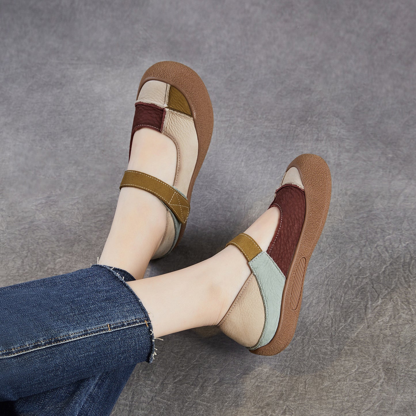 Women’s Leather Colour-Block Mary Jane Flats – Retro Soft Sole Shoes