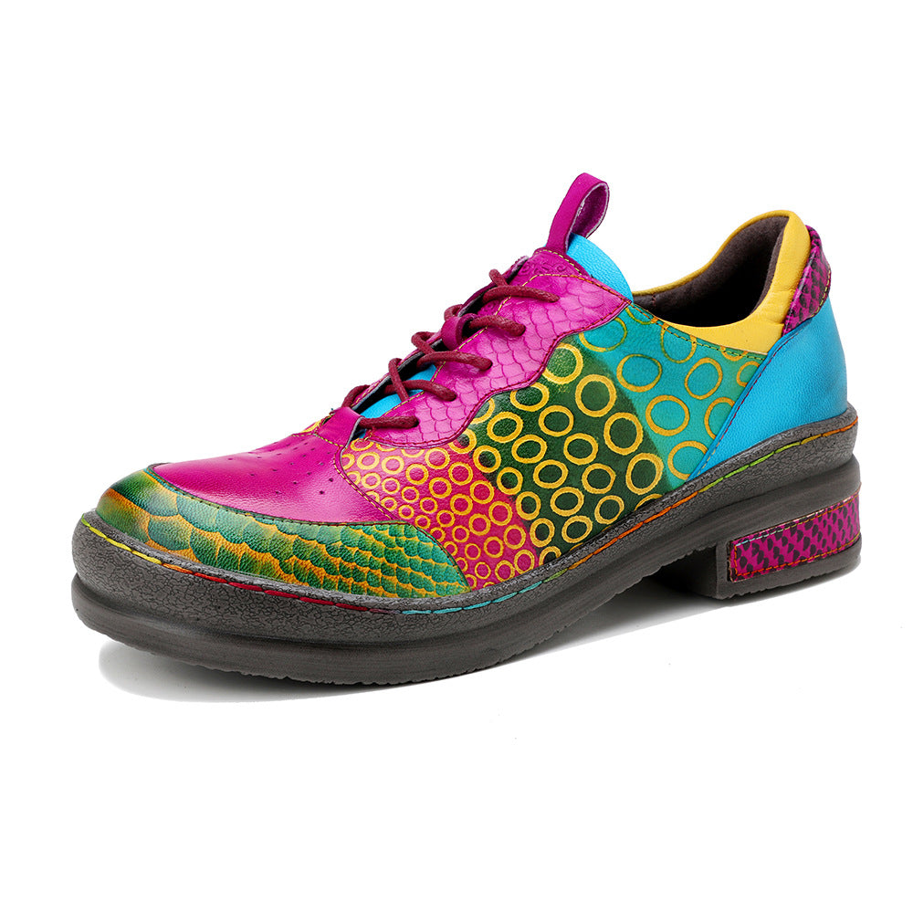 Dopamine Style Vibrant Leather Flats for Women - Artsy Geometric Print Lace-up Casual Shoes