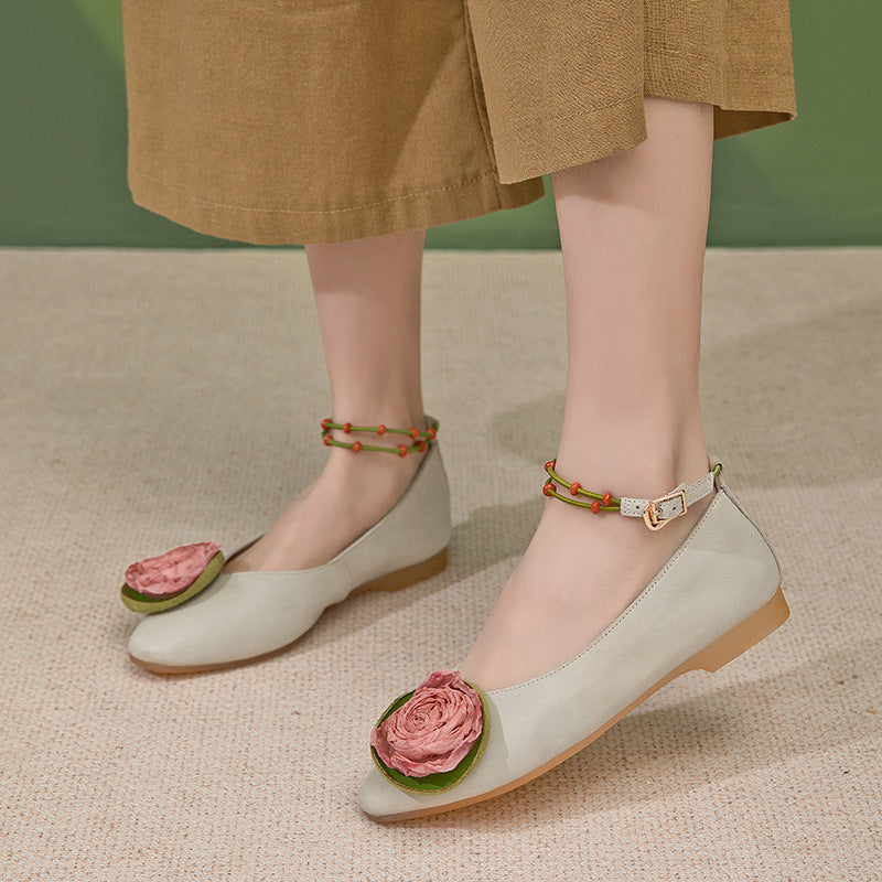 Women's Leather Handmade Literary Style Flower Pointed Toe Flat Shoes