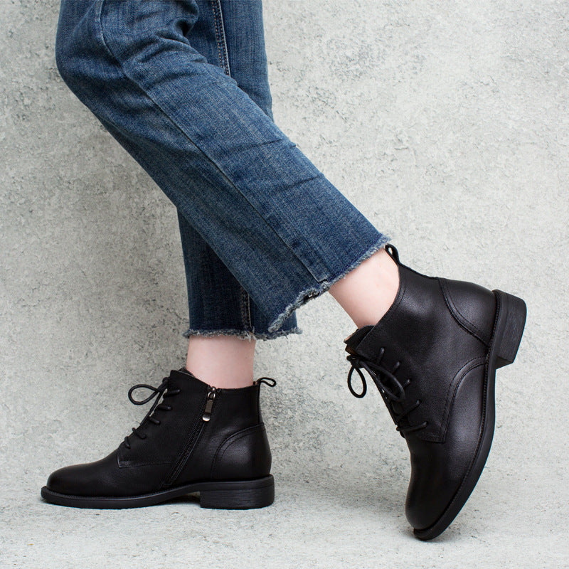 Women's Classic Genuine Leather Ankle Boots – Lace-Up with Side Zipper Closure