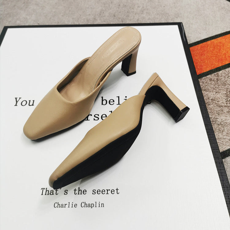 Women's Leather Square Toe High Heeled Mule Shoes