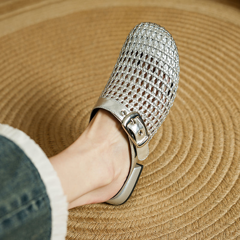 Women's Hollow Out Leather Low Heel Buckle Summer Mule Sandals