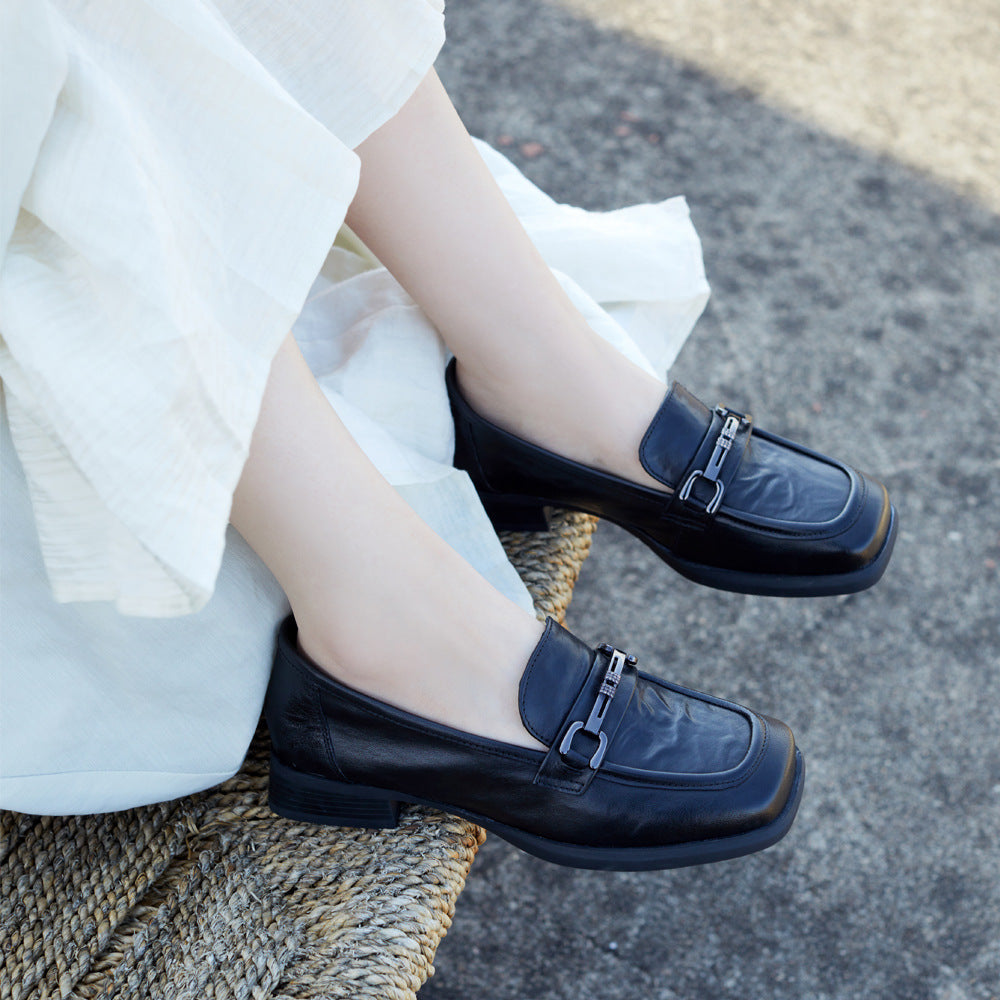 Women's Premium Unlined Leather Loafers - Elegant Metal Buckle Walking Flats
