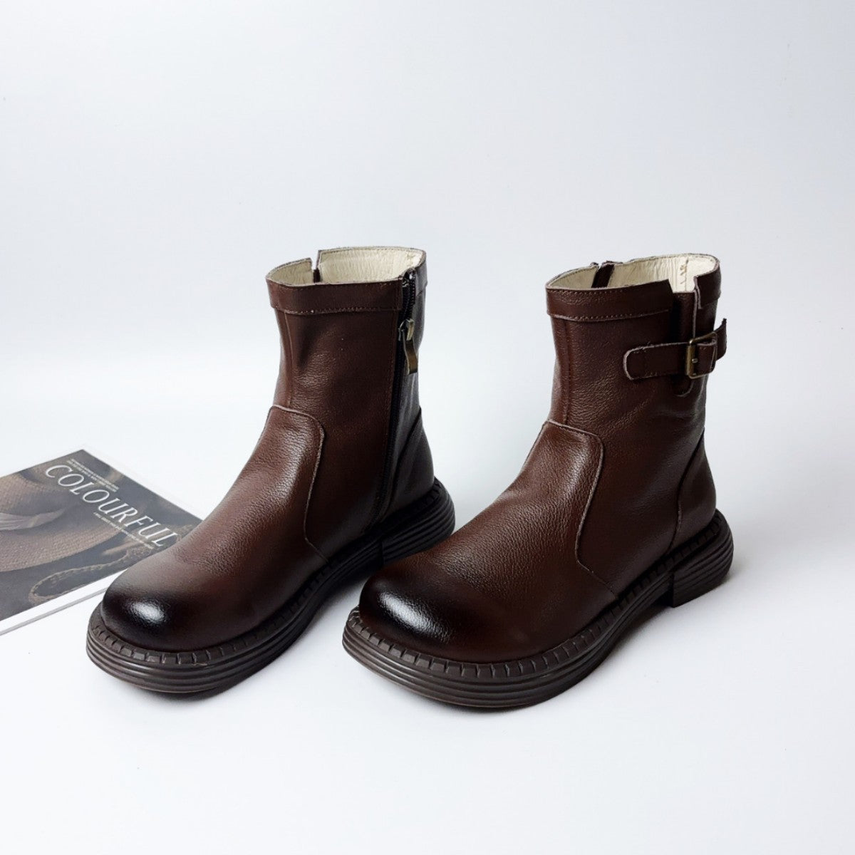Women's Cowhide Leather Ankle Boots Side Zipper Buckle Strap Casual Low Heel Booties