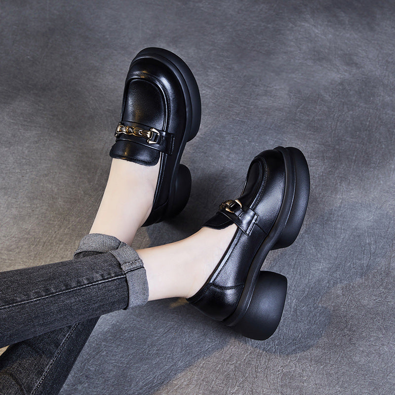 Women’s Leather Platform Block Heel Loafers – British Vintage Chain Detail