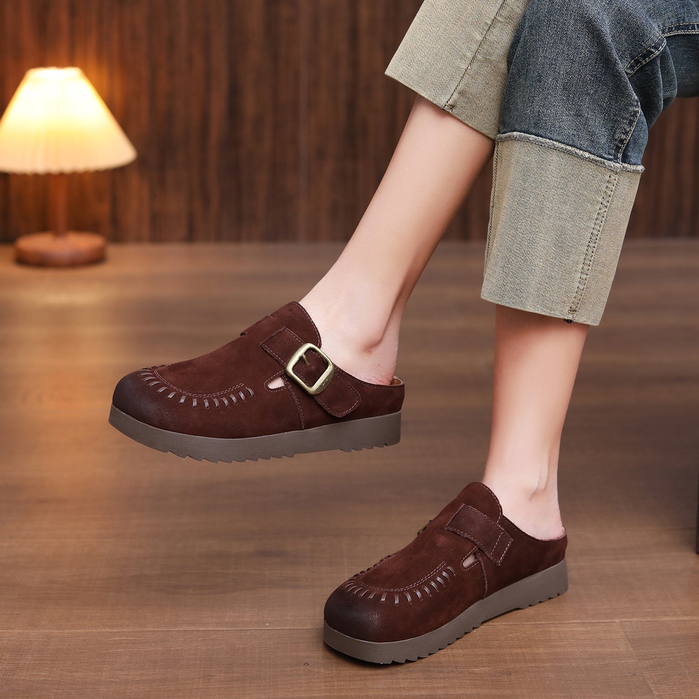 Women's Vintage Leather Mules - Hand-Stitched Artisanal Buckle Slides