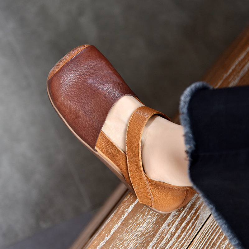 Handmade Leather Sandals - Women's Retro Square Toe Walking Flats with Velcro Strap