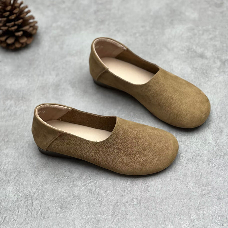 Women’s Minimalist Vintage Handmade Leather Flats – Retro Round Toe Slip-On Shoes
