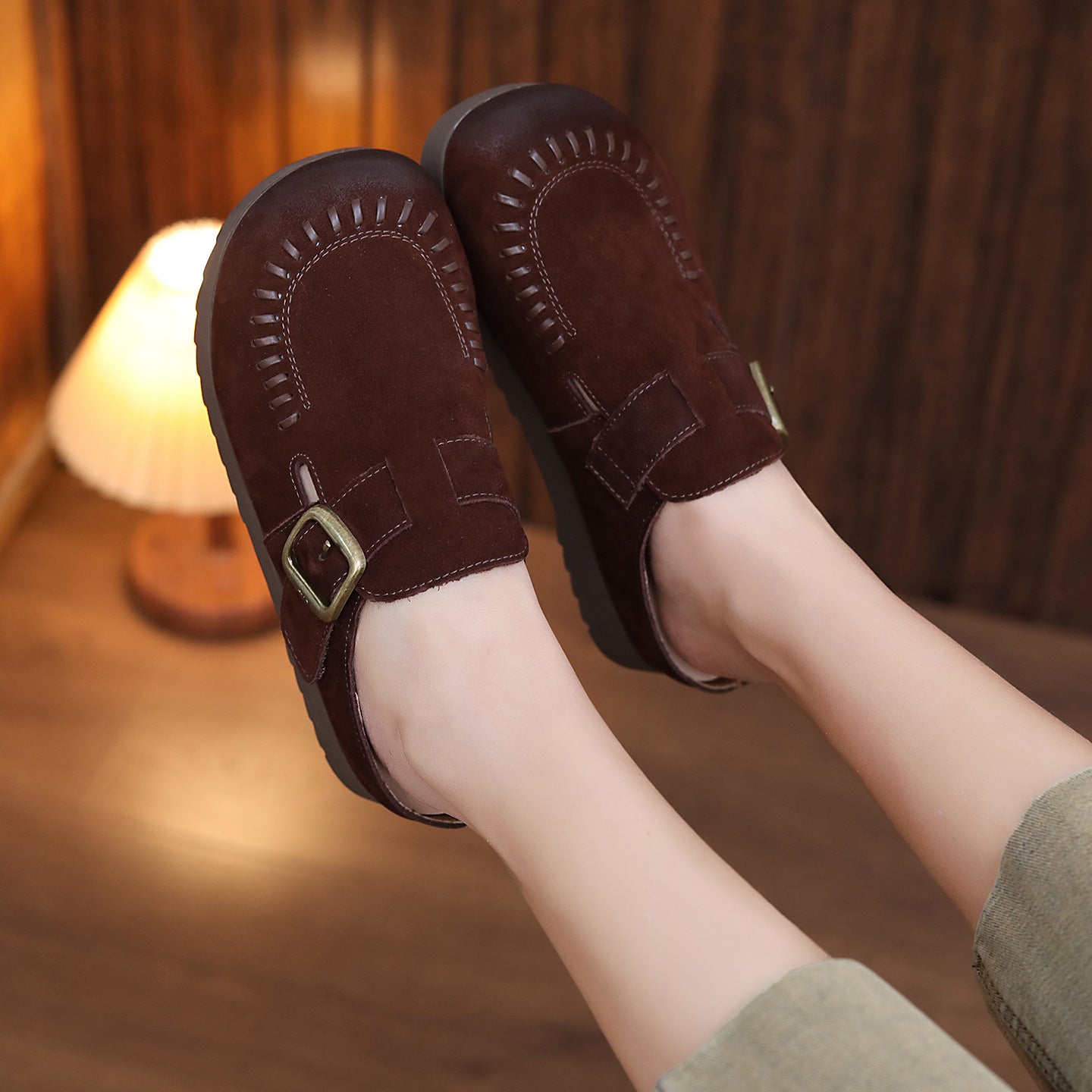 Women's Vintage Leather Mules - Hand-Stitched Artisanal Buckle Slides