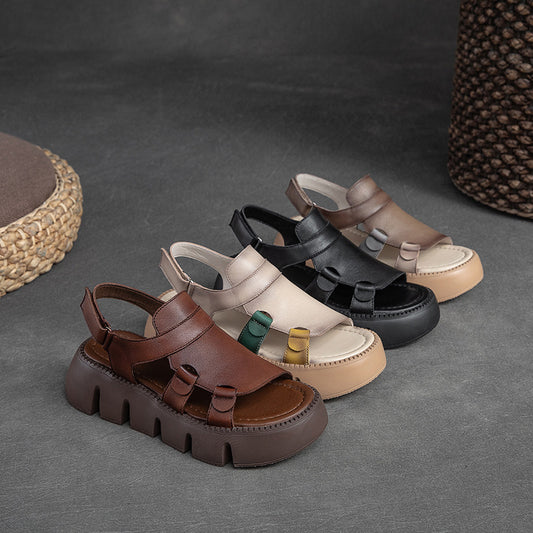 Women's Genuine Leather Platform Sandals - Vintage Open-Toe with Chunky Sole
