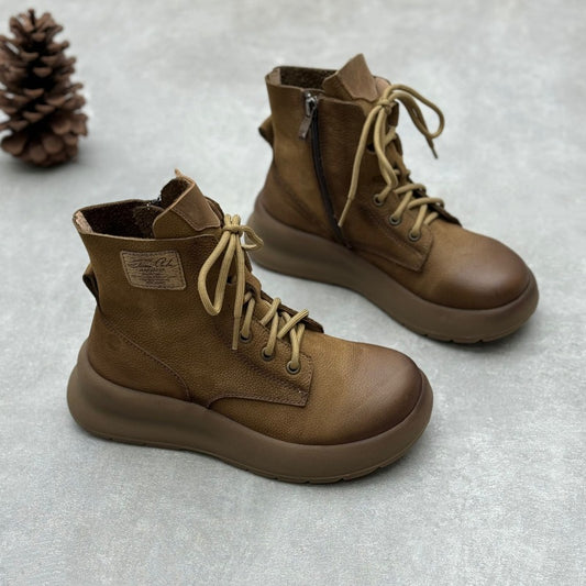 Women's Genuine Leather Vintage Casual Side Zipper Platform Ankle Boots