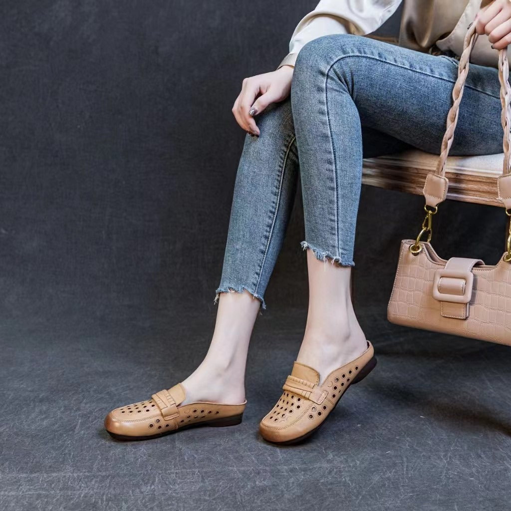 Women's Leather Summer Hollow Out Flat Mule Shoes