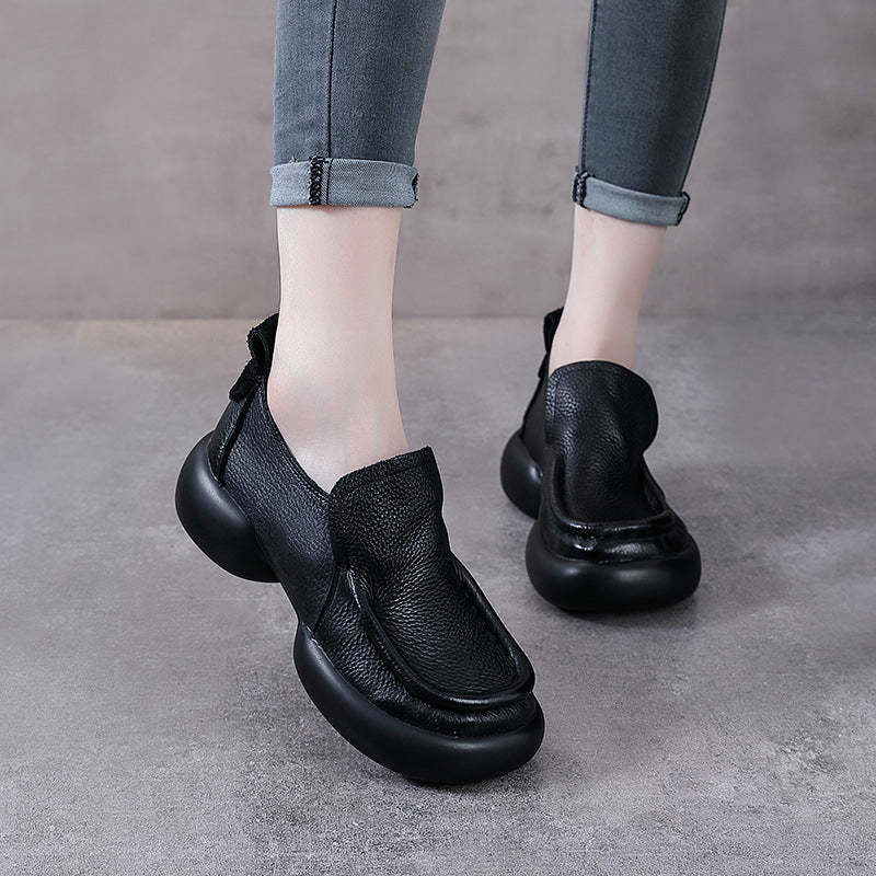 Women's Minimalist Platform Loafers - Leather Elevated Flats - Breathable Unlined Slip-Ons