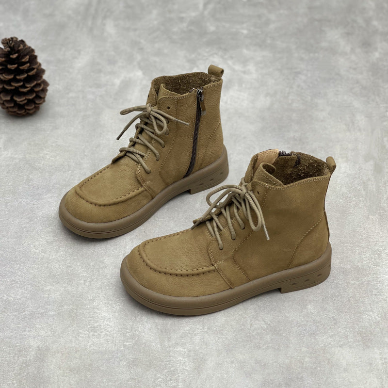 Comfy Vintage Zip Ankle Boots for Women – Lace Up Soft Leather Style