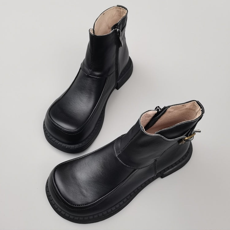 Women's Vintage Wide Toe Derby Boots – Handmade Leather Zipper Short Boots