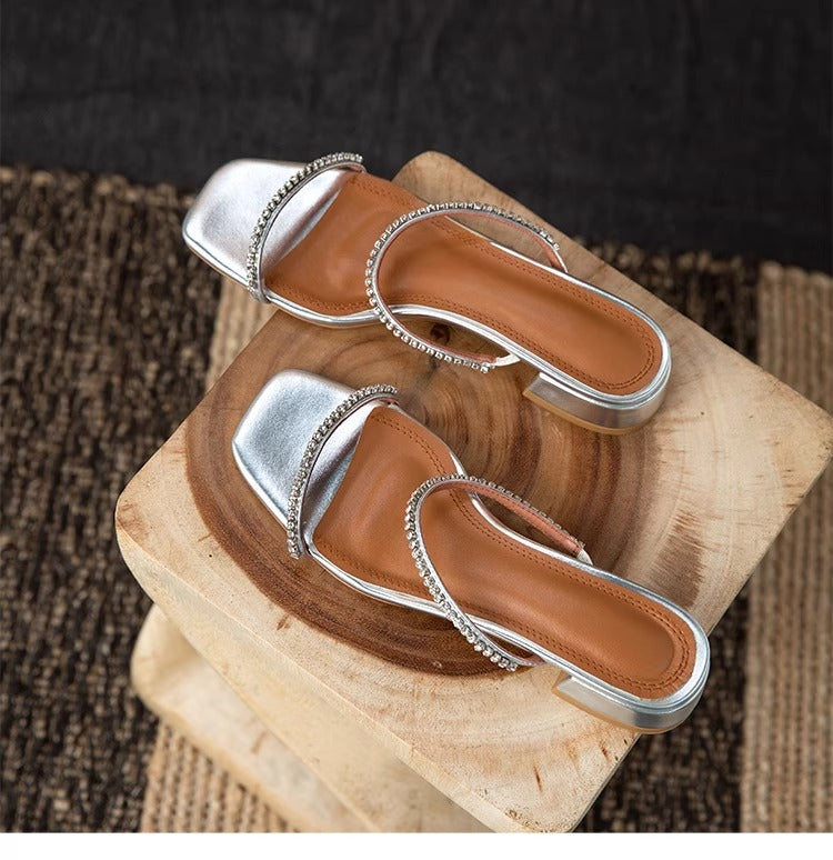 Women's Rhinestone Low Heel Sandals – Minimalist French Style for Summer