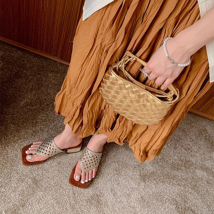 Women's Mesh Mid Heel Slide Sandals – Block Heel Toe Loop Design