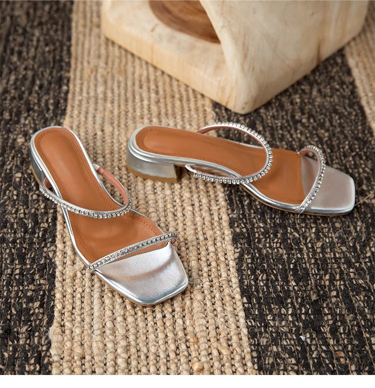 Women's Rhinestone Low Heel Sandals – Minimalist French Style for Summer
