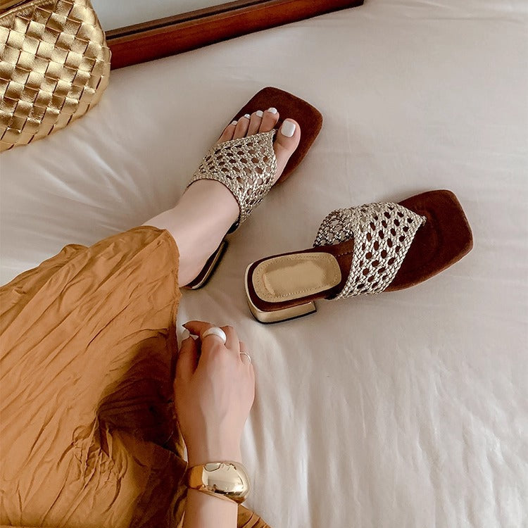 Women's Mesh Mid Heel Slide Sandals – Block Heel Toe Loop Design