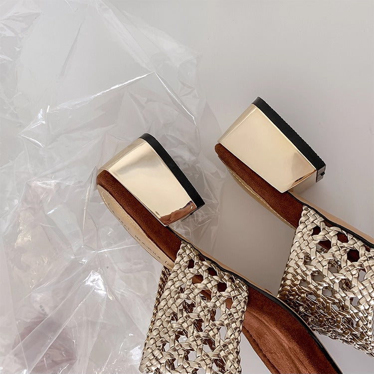 Women's Mesh Mid Heel Slide Sandals – Block Heel Toe Loop Design