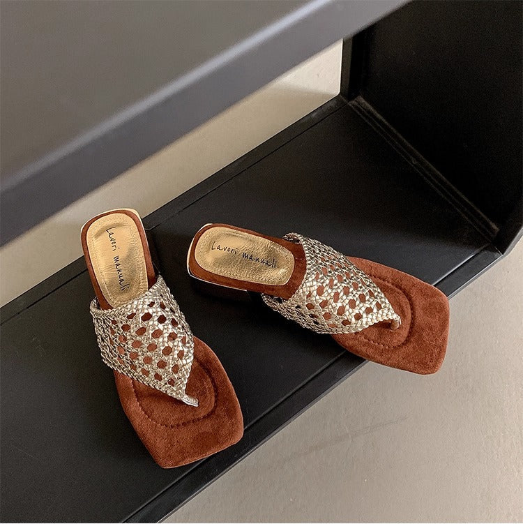 Women's Mesh Mid Heel Slide Sandals – Block Heel Toe Loop Design