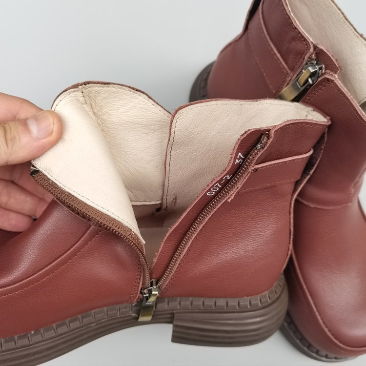 Women's Vintage Wide Toe Derby Boots – Handmade Leather Zipper Short Boots