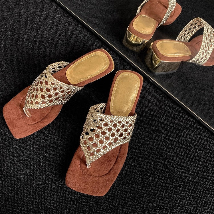 Women's Mesh Mid Heel Slide Sandals – Block Heel Toe Loop Design