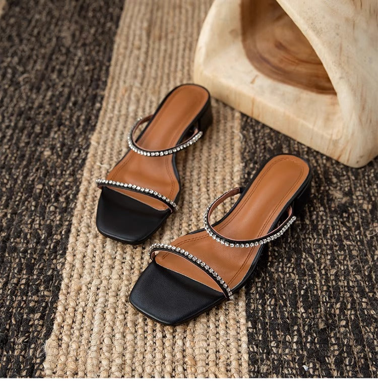 Women's Rhinestone Low Heel Sandals – Minimalist French Style for Summer