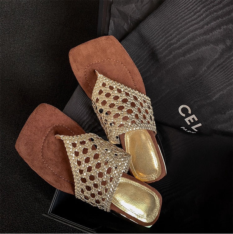 Women's Mesh Mid Heel Slide Sandals – Block Heel Toe Loop Design