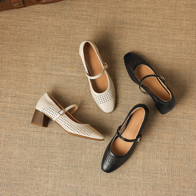 Breathable Leather Heels - Soft Sheepskin Mary Janes - Stable Mid-Heel Summer Shoes